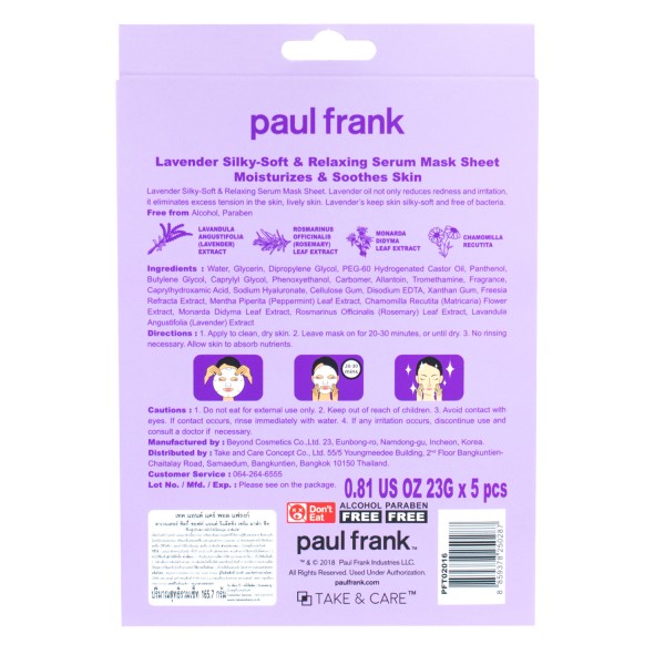 TAKE & CARE PAUL FRANK LAVENDER SILKY-SOFT & RELAXING SERUM MASK SHEET